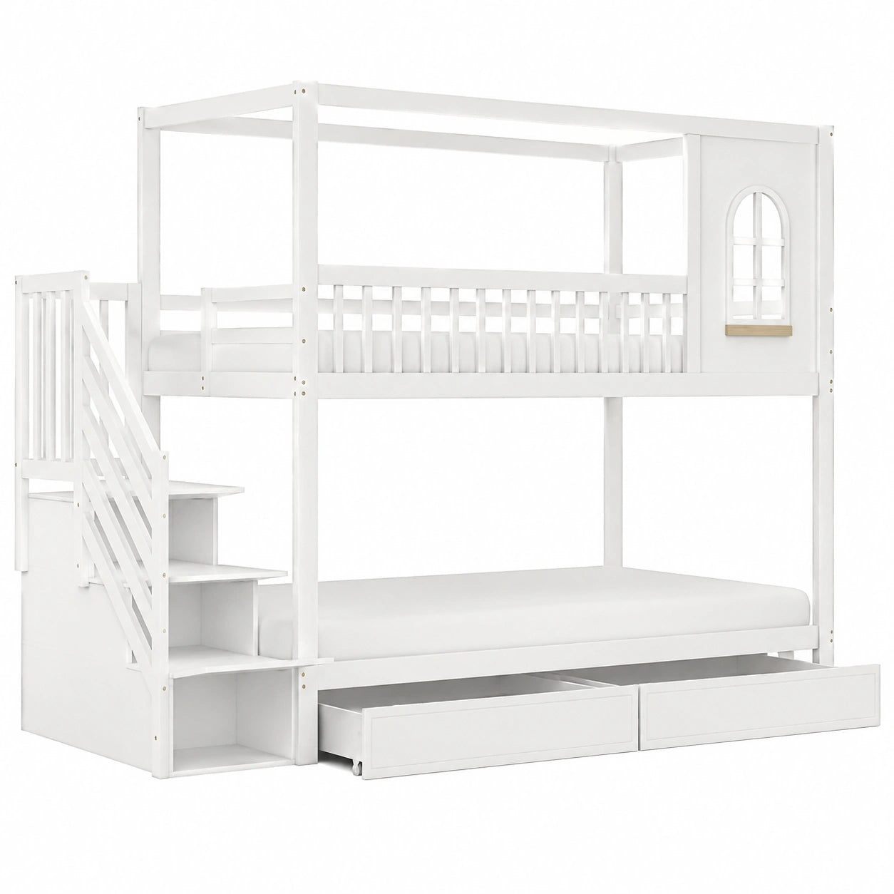 Massivholz Etagenbett für Kinder, Hausdesign mit Fenstern, Sicherheitszaun und Leiter, inkl. Schubladen, Weiß 90x200cm