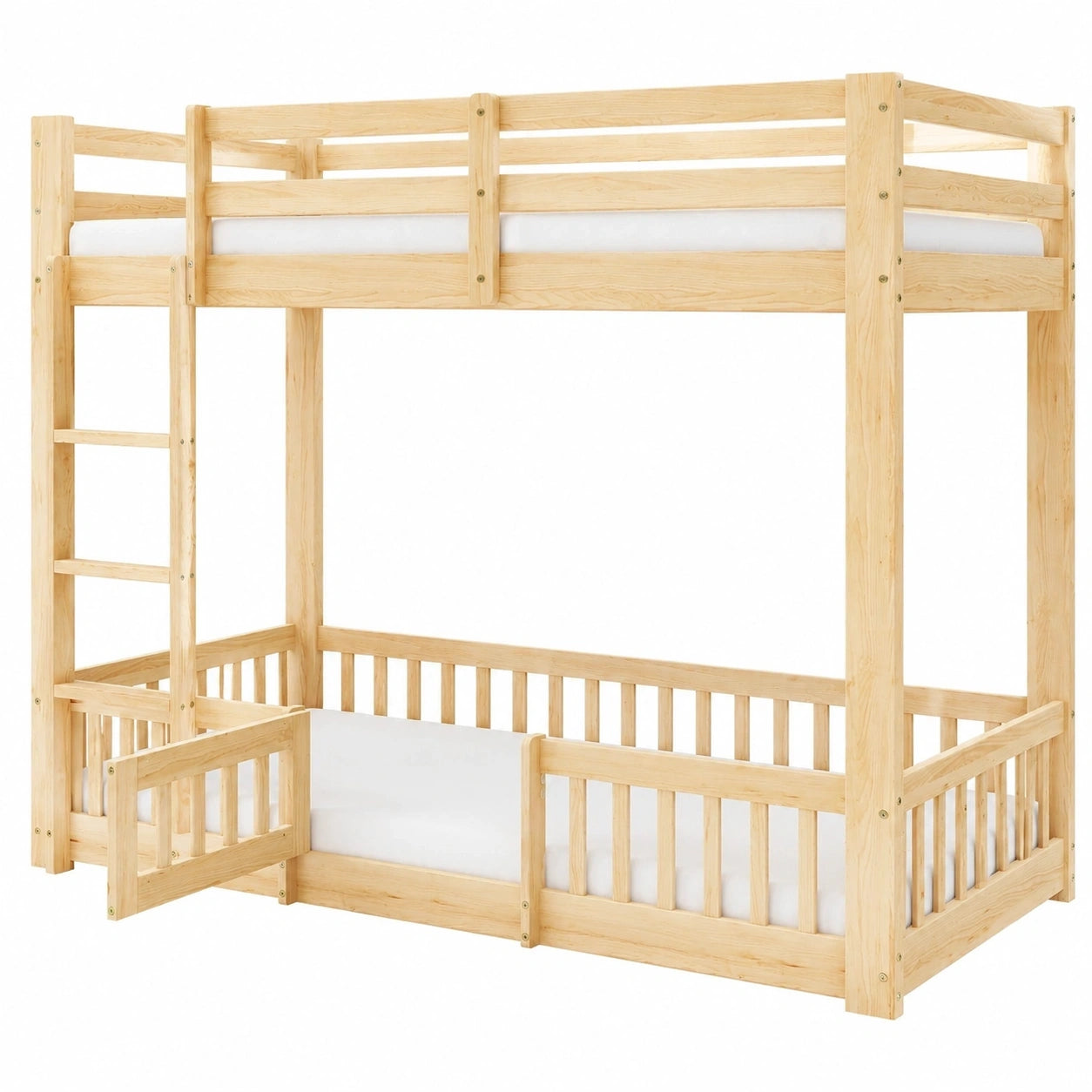 Kinder Etagenbett aus Kiefernholz mit Treppe, Sicherheitsgeländer und Stauram, 90x200 cm, Natur