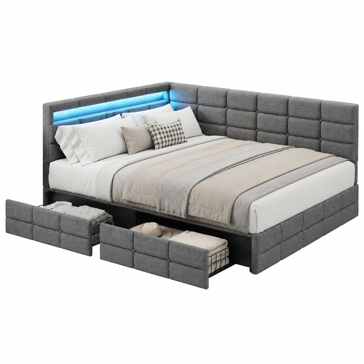 Multifunktionales Polsterbett 140x200 mit LED und USB, Grau