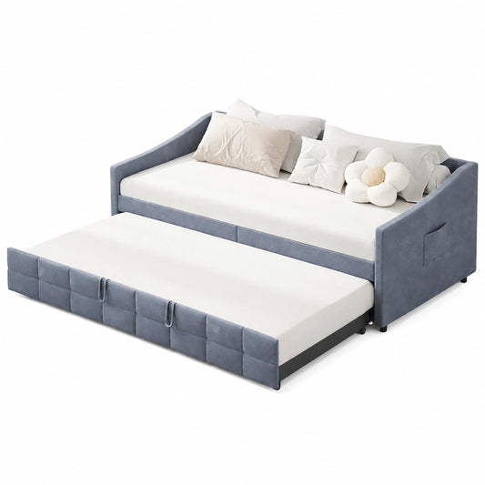 Multifunktionales Polsterbett mit Ausziehbett und Lattenrost, 90/180x200 cm, Platzsparendes Schlafsofa in Grau für Wohnzimmer und Gästezimmer