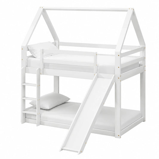 Kayan Kinder Hausbett aus Massivholz, niedriges Etagenbett mit Rutsche, inklusive Lattenrost, 90 x 200 cm, Weiß
