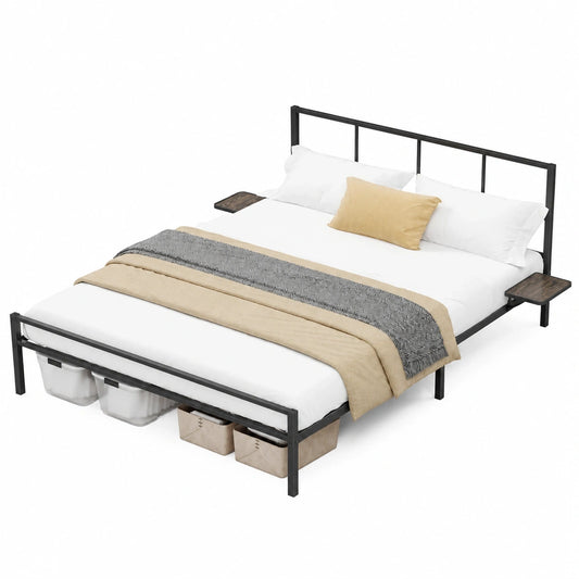 VASAGLE Metallbettgestell 160x200 cm mit Kopfteil und Aufbewahrung, modernes Design, mattschwarz, ideal für Jugendliche und Gästezimmer