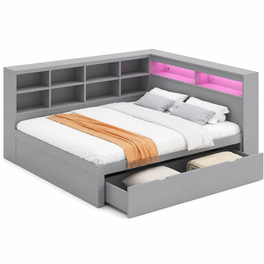 Modernes Doppelbett Sofabett 140x200 cm mit LED und USB, Multifunktionales Schlafsofa mit Stauraum, Schubladen und Kopfteilablage, Holzrahmen, Grau, ohne Matratze