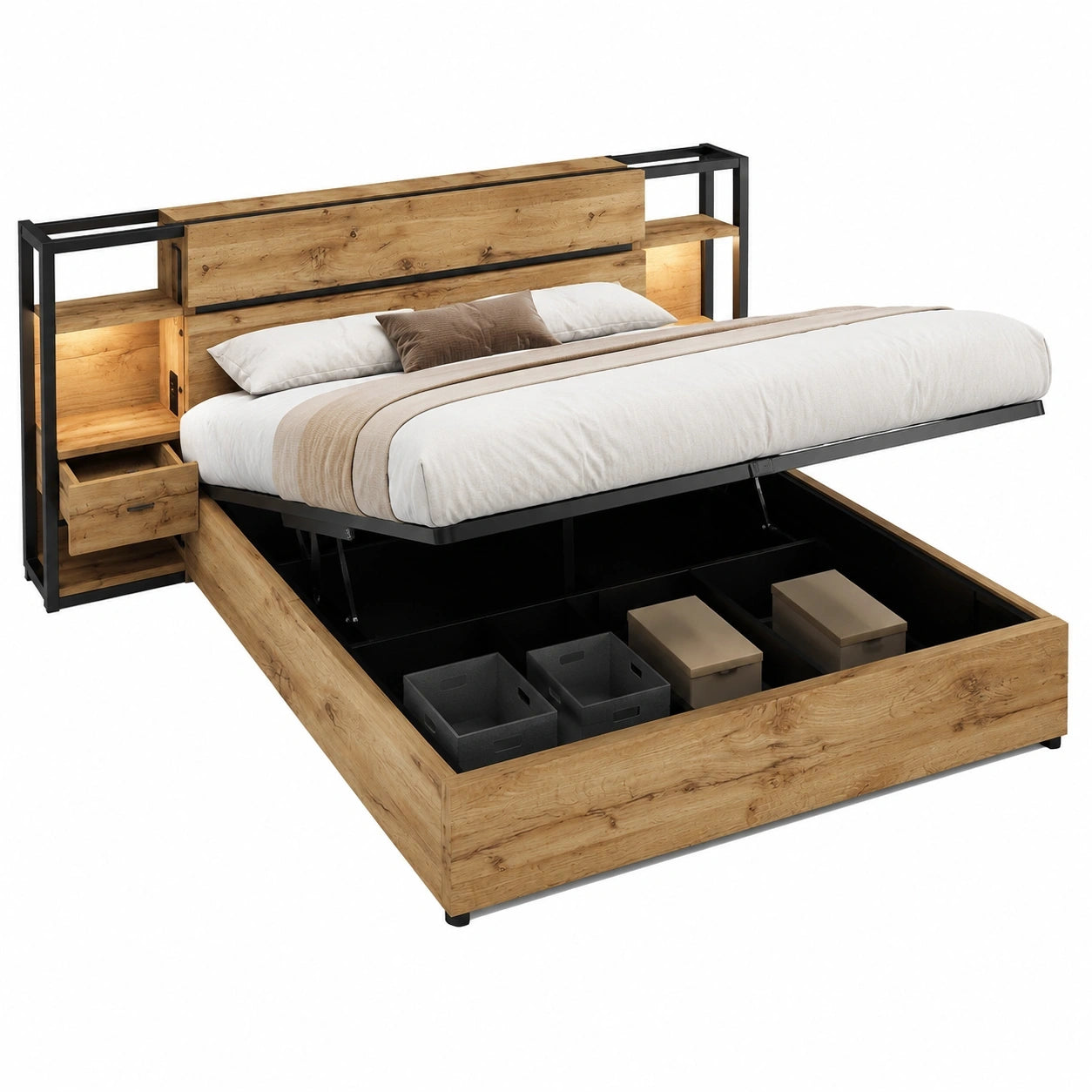 Massivholzbett 160x200 cm mit Schubladen und USB-Ladefunktion, inkl. Nachttischen, Stauraum unter dem Kopfteil, Eiche
