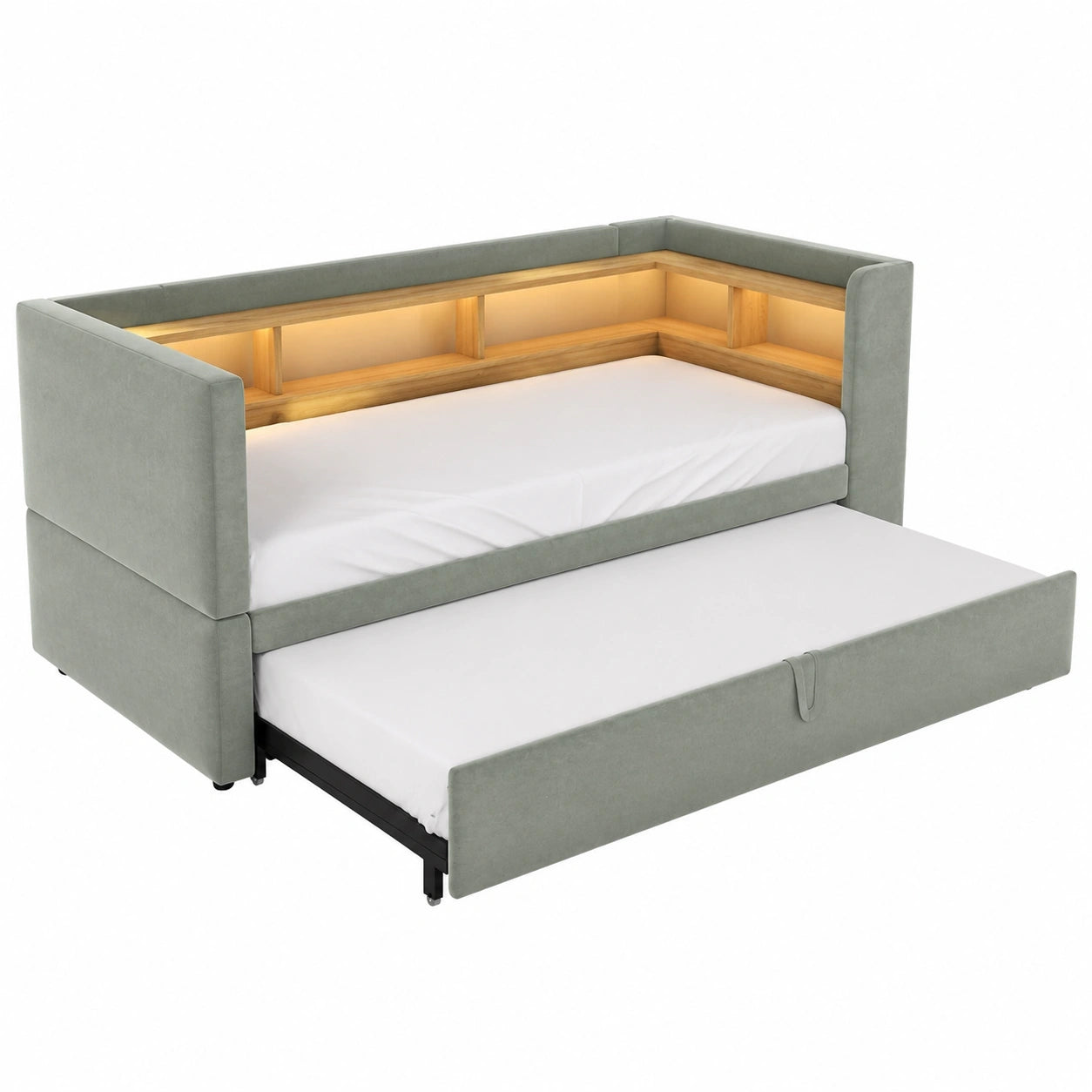 Multifunktionales Polsterbett 90/180x190 cm mit Ausziehbett, LED, Steckdosen und Stauraum, hellgrau