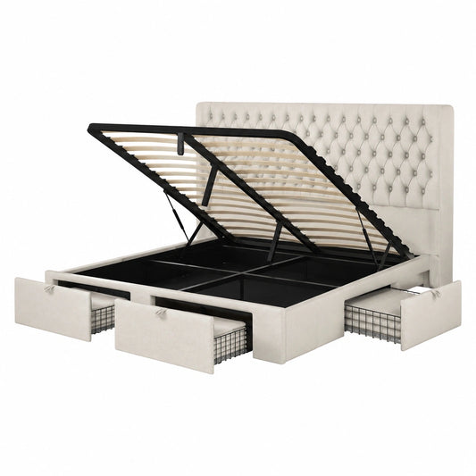 Modernes Polsterbett 180x200 cm mit LED-Kopfteil und USB, inklusive Nachtschränke und Schubladen, Samt Beige