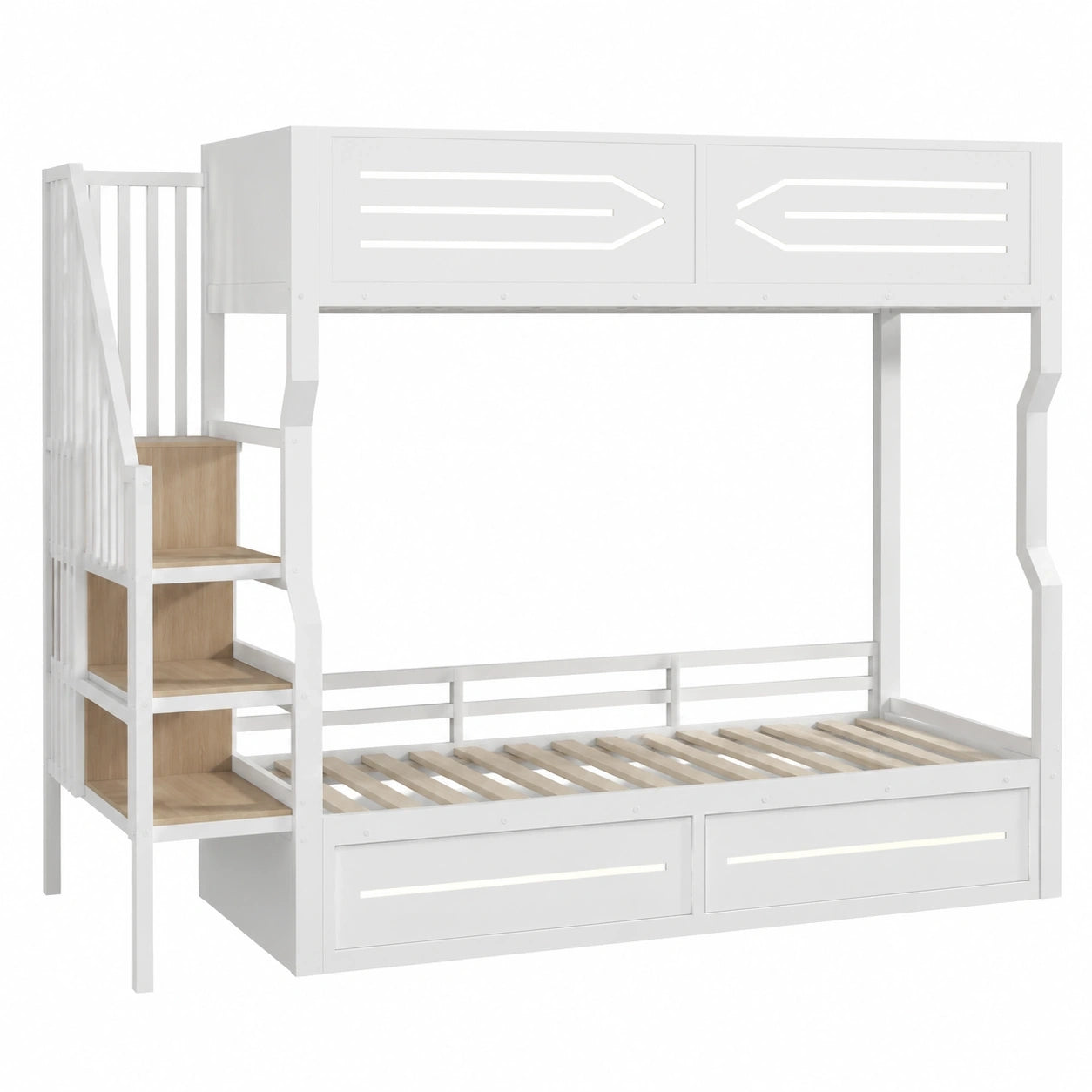 Metallhochbett 90x200 cm, mit Stauraum und integrierter Treppe, inklusive Beleuchtung, hohem Geländer, Etagenbett für Jugendliche, Weiß