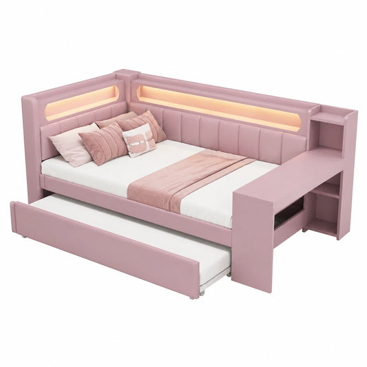 Merax Multifunktions-Kinderbett 90x200 cm mit LED und Schreibtisch, Rosafarben