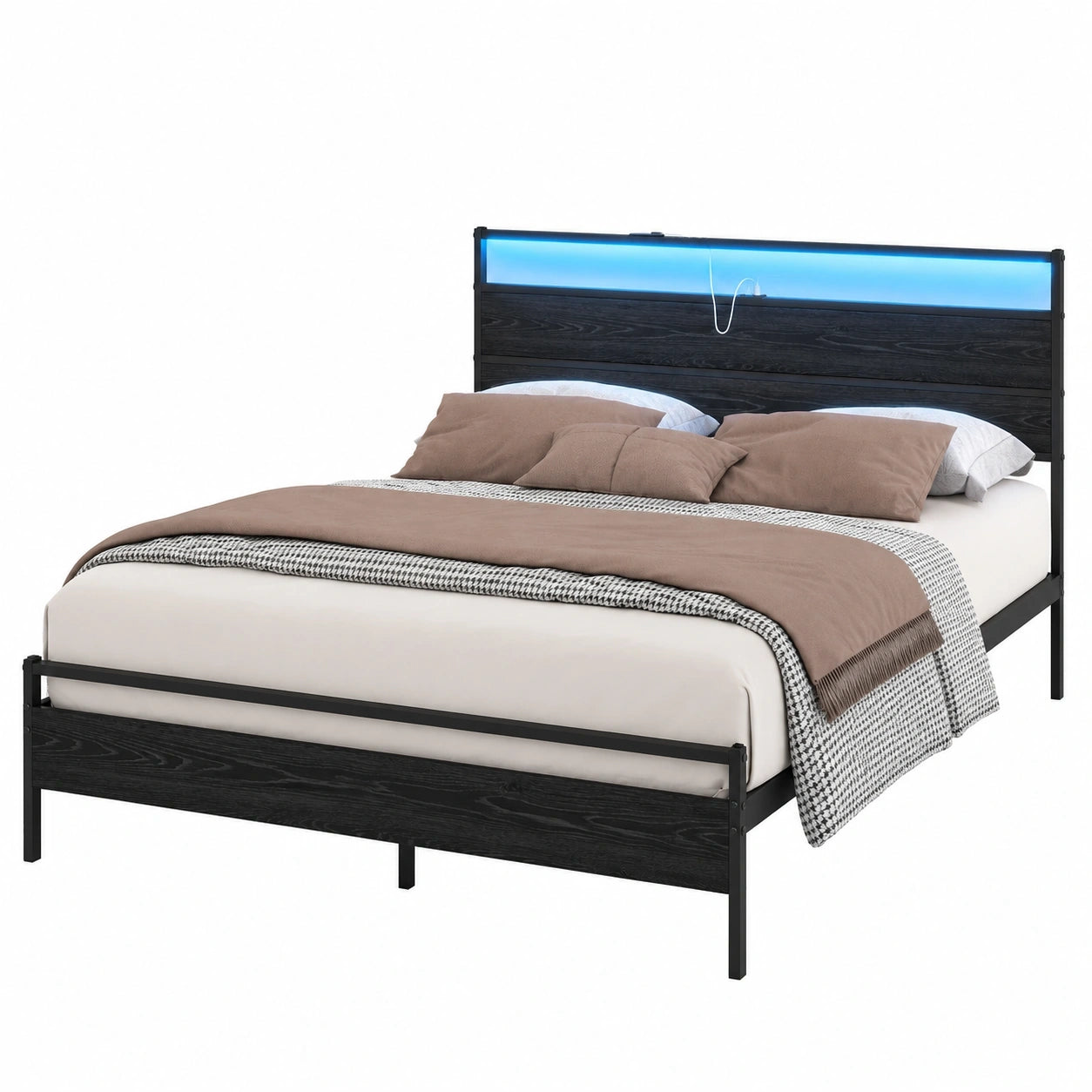 Modernes Metallbett 140x200 mit integriertem Ladegerät und LED-Beleuchtung, robustes Jugend- oder Gästebett in Schwarz