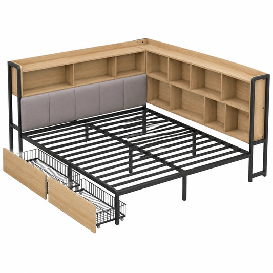 Modernes 140x200 cm Polsterbett mit LED, USB und Stauraum