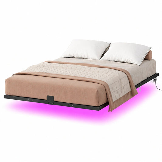 Modernes Doppelbett 140x200 cm mit LED und Ladestation, Metallrahmen, einfache Montage, Schwarz