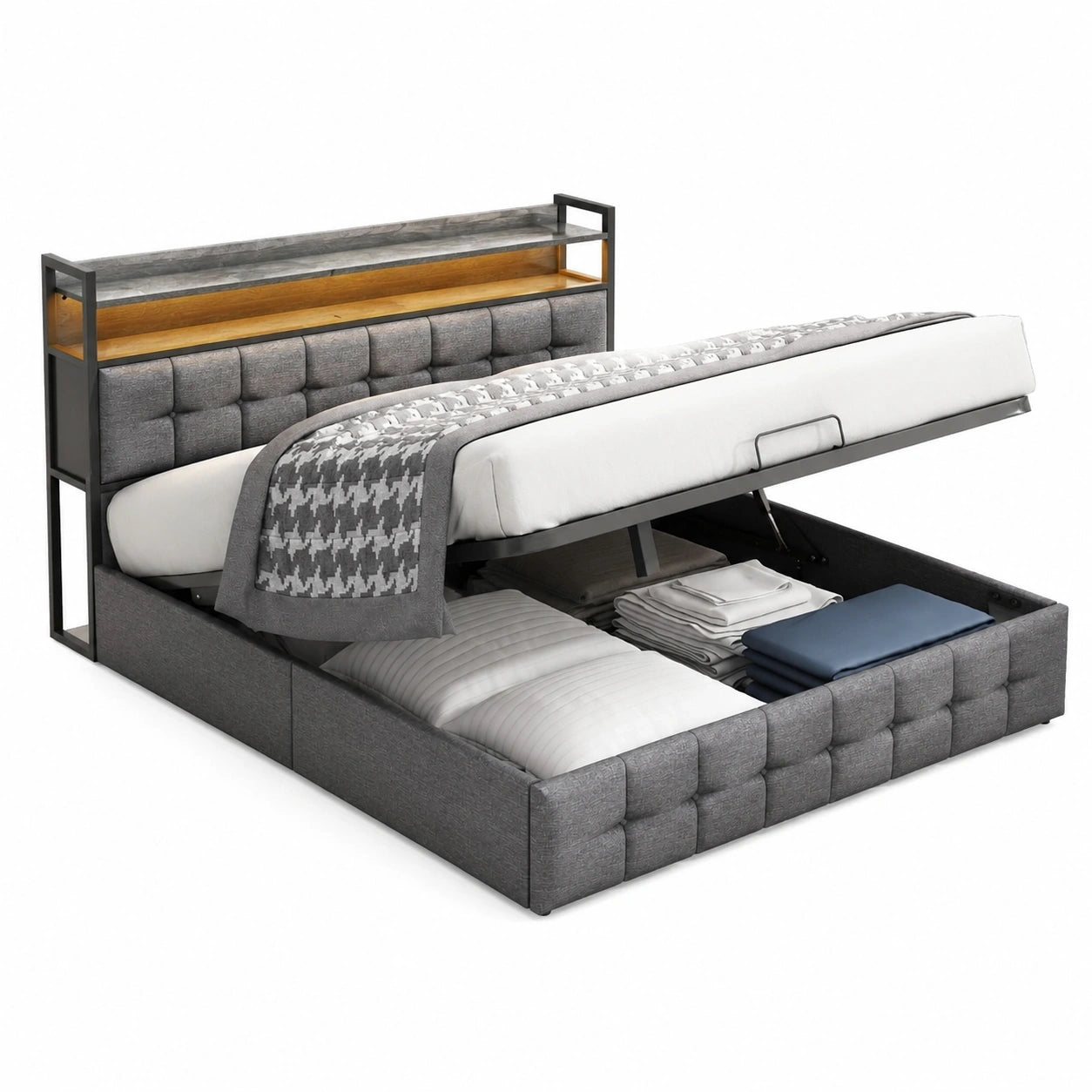 Modernes Polsterbett mit Stauraum und LED, 140x200 cm, mit hydraulischem Hebemechanismus, Kopfteil mit Stauraum, USB-C Ladefunktion, graues Leinen
