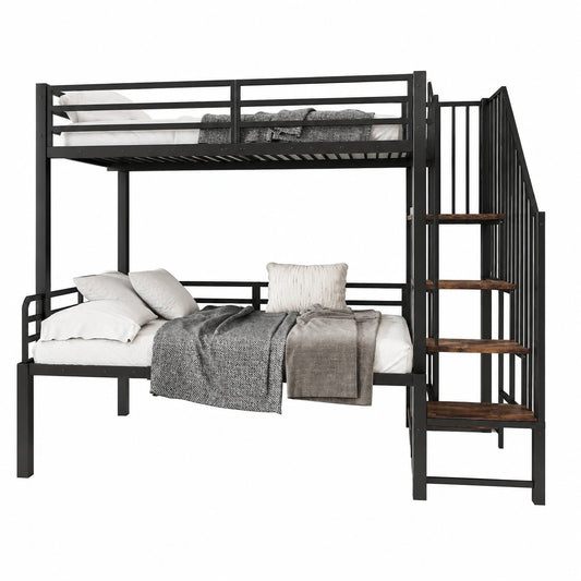 Industrielles Etagenbett mit Stauraum, robustes Metall und MDF, für Kinder und Jugendliche, Eckleiterschrank, Schwarz und Vintage-Holz, 90x200cm & 120x200cm