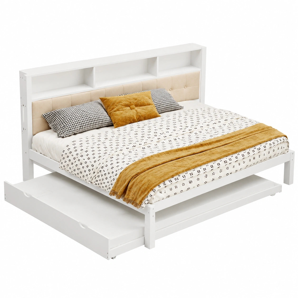 Multifunktions-LED-Bett 140x200 cm mit Ausziehbett und USB-Anschluss, Schlafsofa mit gepolstertem Kopfteil, Holzbettgestell Weiß, ohne Matratze
